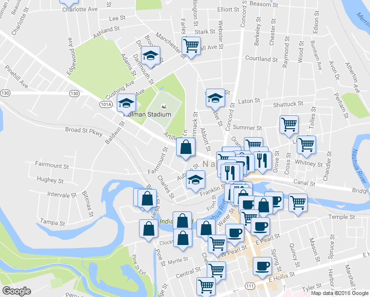 map of restaurants, bars, coffee shops, grocery stores, and more near 23 Amherst Street in Nashua