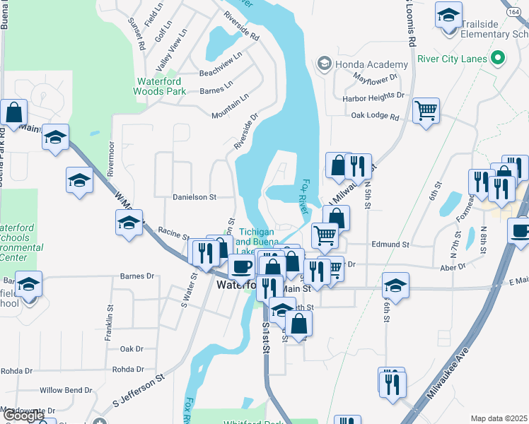 map of restaurants, bars, coffee shops, grocery stores, and more near 300 Foxwood Drive in Waterford