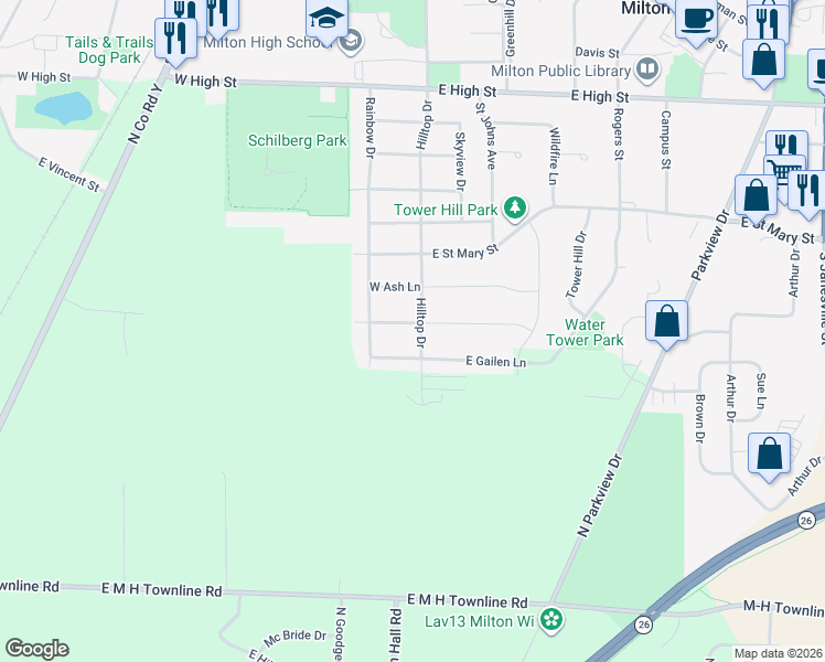 map of restaurants, bars, coffee shops, grocery stores, and more near 7 West Evergreen Lane in Milton