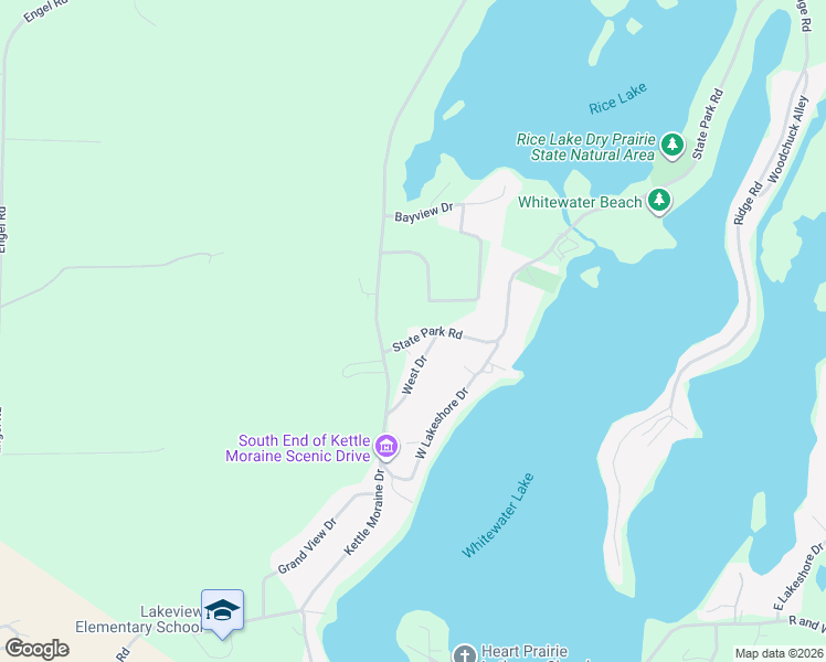 map of restaurants, bars, coffee shops, grocery stores, and more near N7561 State Park Drive in Whitewater