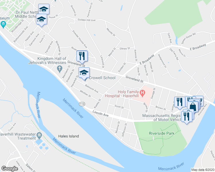 map of restaurants, bars, coffee shops, grocery stores, and more near 82 Race Street in Haverhill