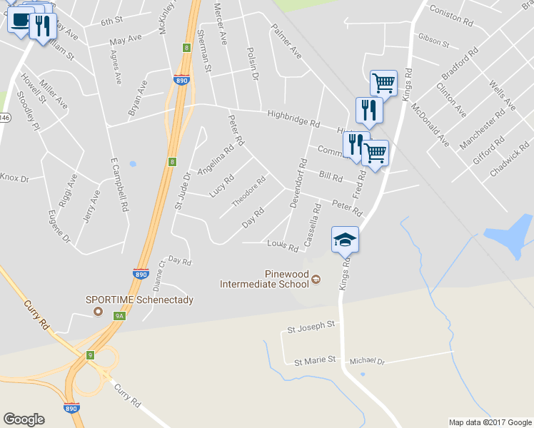 map of restaurants, bars, coffee shops, grocery stores, and more near 1029 Day Road in Schenectady