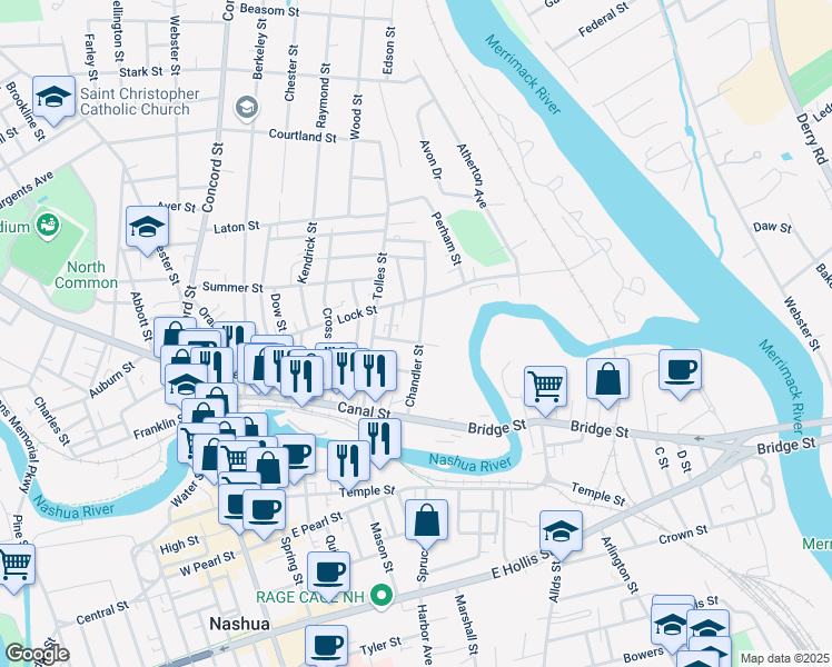 map of restaurants, bars, coffee shops, grocery stores, and more near 54 Chandler Street in Nashua