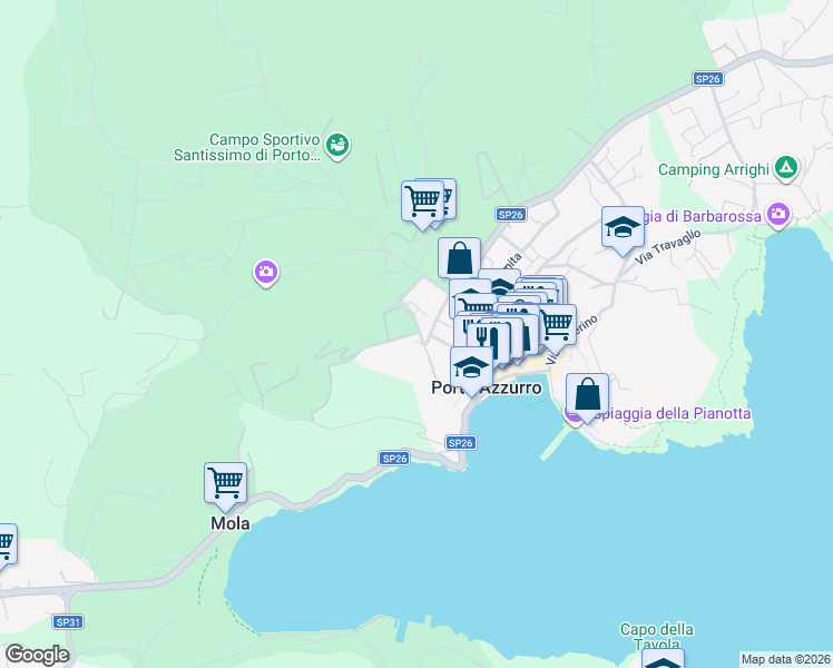 map of restaurants, bars, coffee shops, grocery stores, and more near 23 Via Neghelli in Porto Azzurro