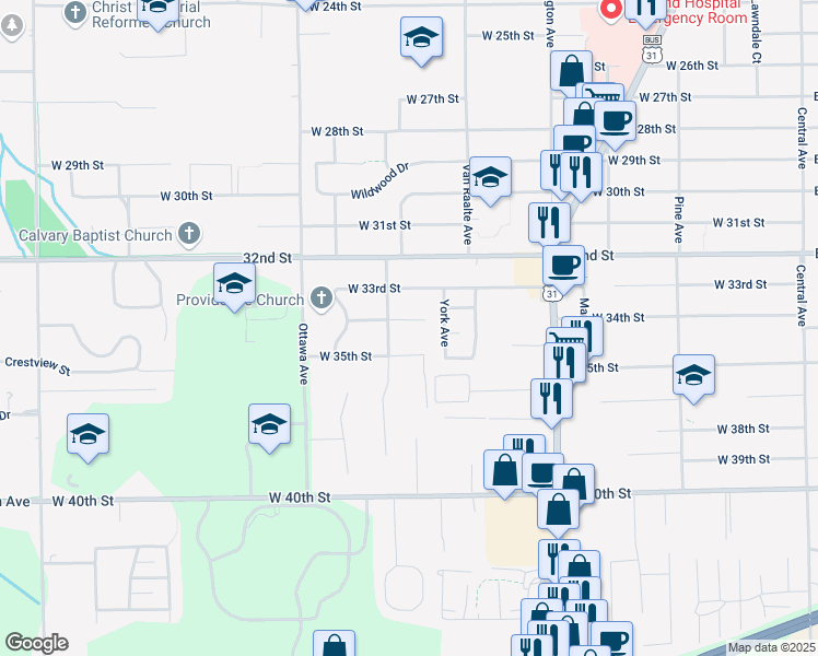 map of restaurants, bars, coffee shops, grocery stores, and more near 340 West 34th Street in Holland