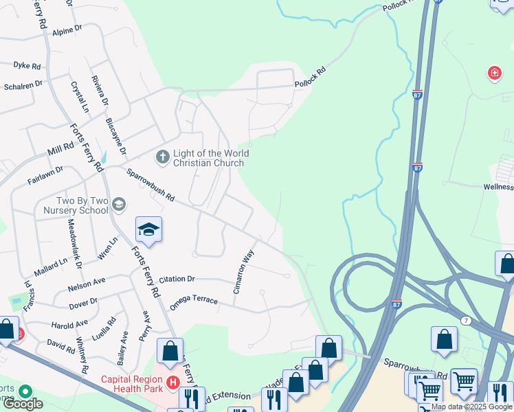 map of restaurants, bars, coffee shops, grocery stores, and more near 10 Oxford Drive in Latham