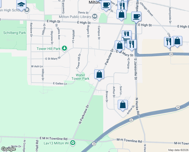 map of restaurants, bars, coffee shops, grocery stores, and more near 423 Woodcrest Lane in Milton