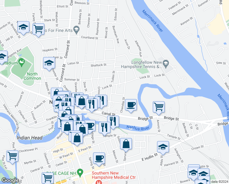 map of restaurants, bars, coffee shops, grocery stores, and more near 92 Tolles Street in Nashua