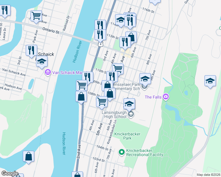 map of restaurants, bars, coffee shops, grocery stores, and more near 375 5th Avenue in Troy