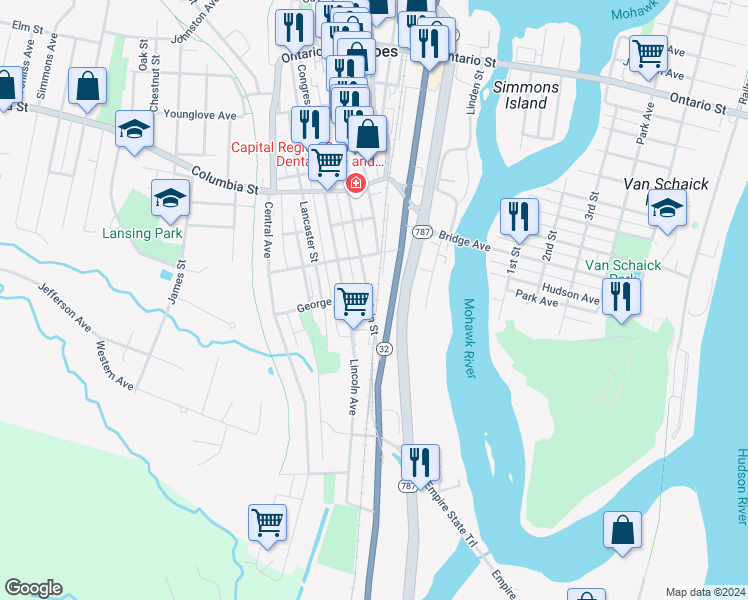 map of restaurants, bars, coffee shops, grocery stores, and more near 298 Saratoga Street in Cohoes