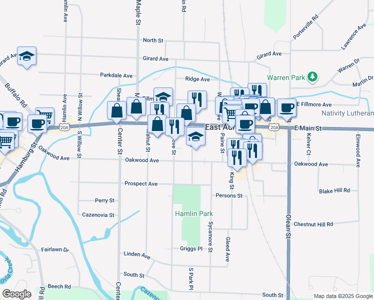 map of restaurants, bars, coffee shops, grocery stores, and more near 55 Park Place in East Aurora