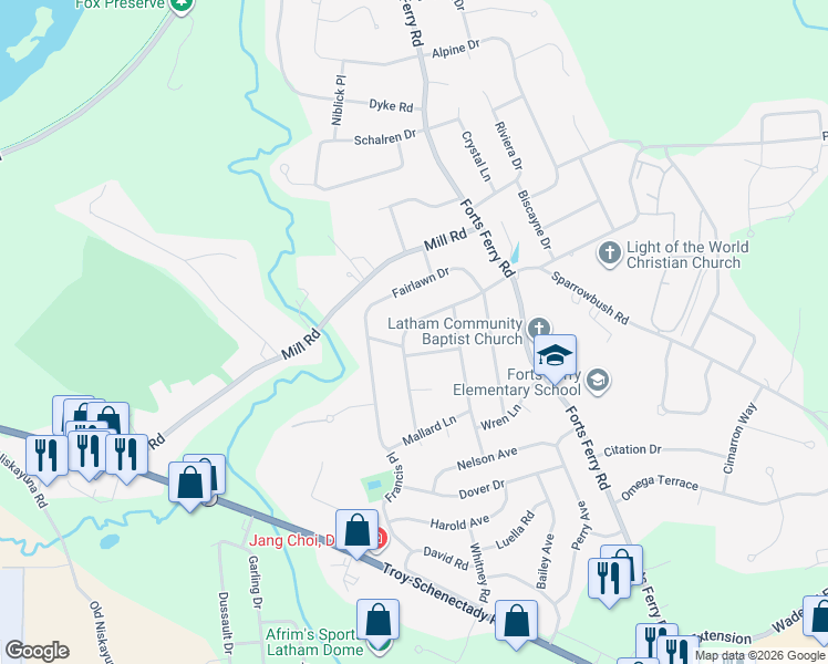 map of restaurants, bars, coffee shops, grocery stores, and more near 20 Sparrowbush Road South in Latham