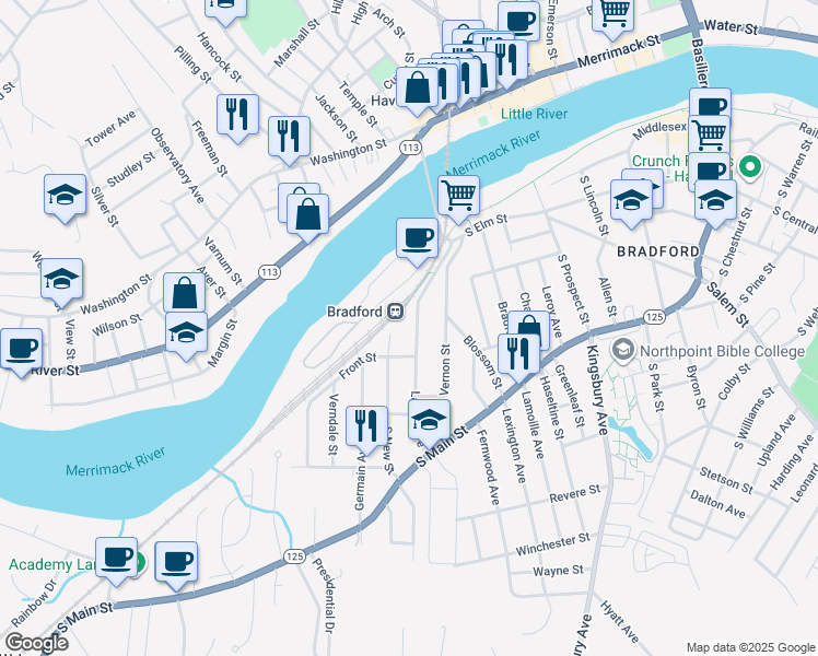 map of restaurants, bars, coffee shops, grocery stores, and more near 88 Laurel Avenue in Haverhill