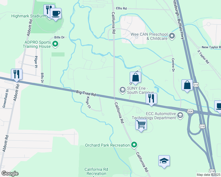 map of restaurants, bars, coffee shops, grocery stores, and more near 4282 California Rd in Orchard Park