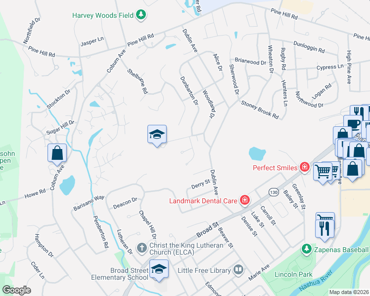 map of restaurants, bars, coffee shops, grocery stores, and more near 5 Sequoia Cir in Nashua