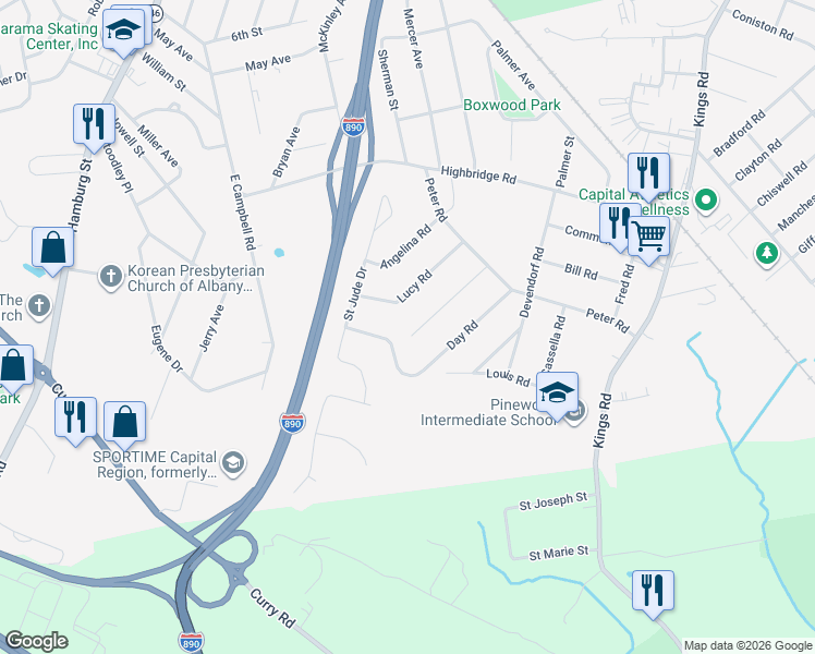 map of restaurants, bars, coffee shops, grocery stores, and more near 1050 Theodore Road in Schenectady