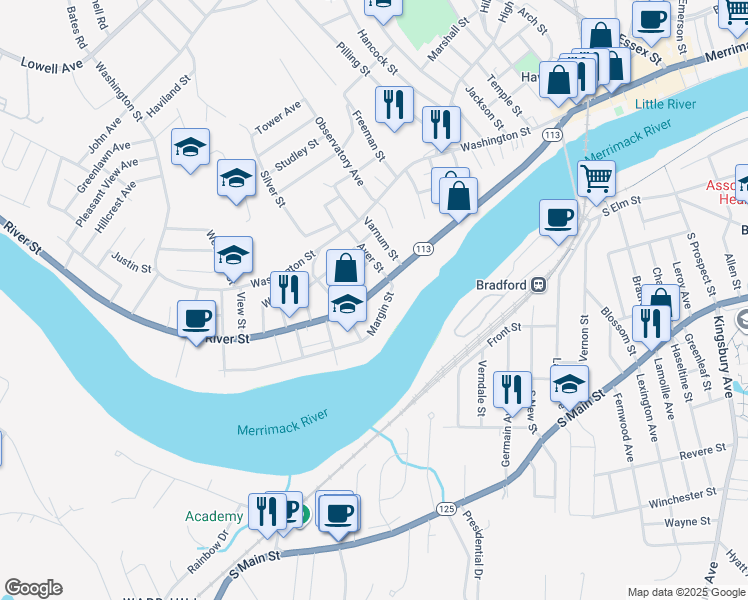 map of restaurants, bars, coffee shops, grocery stores, and more near 348 Massachusetts 113 in Haverhill