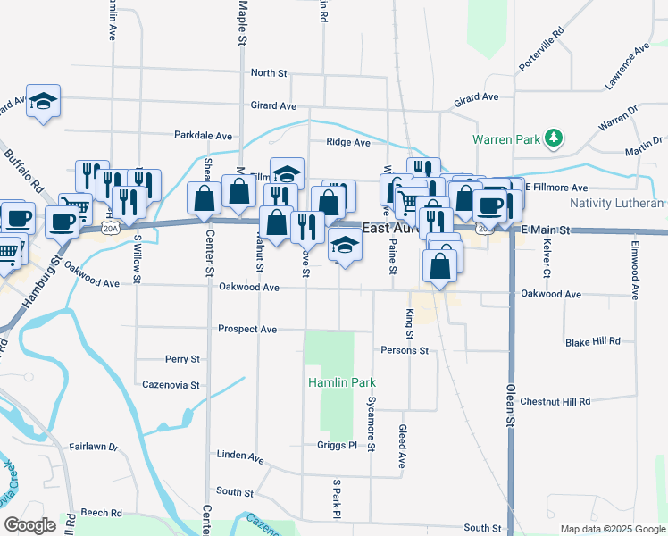 map of restaurants, bars, coffee shops, grocery stores, and more near 55 Park Place in East Aurora