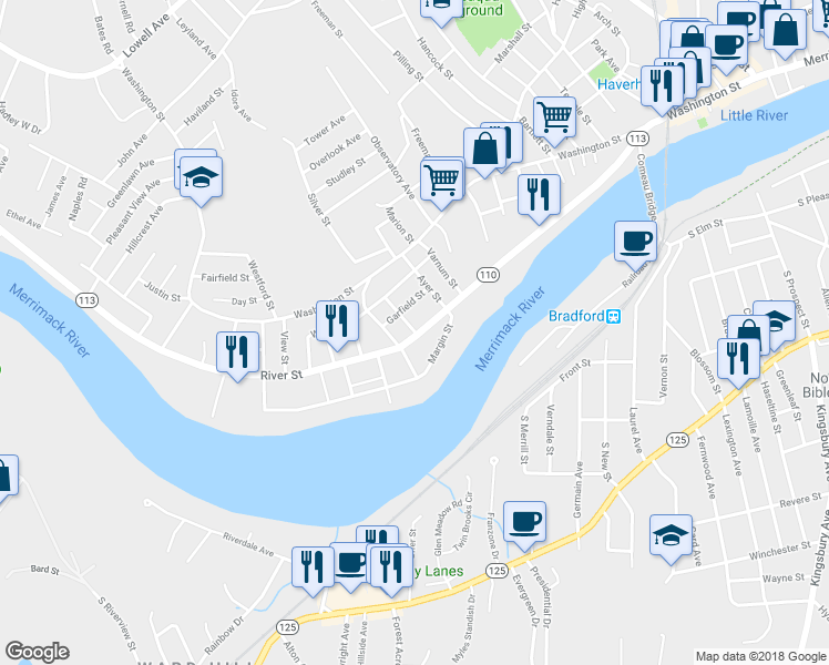 map of restaurants, bars, coffee shops, grocery stores, and more near 4 Hall Street in Haverhill