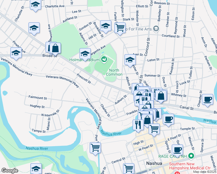 map of restaurants, bars, coffee shops, grocery stores, and more near 38 Amherst Street in Nashua