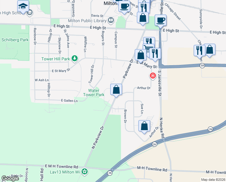 map of restaurants, bars, coffee shops, grocery stores, and more near 433 Woodcrest Lane in Milton