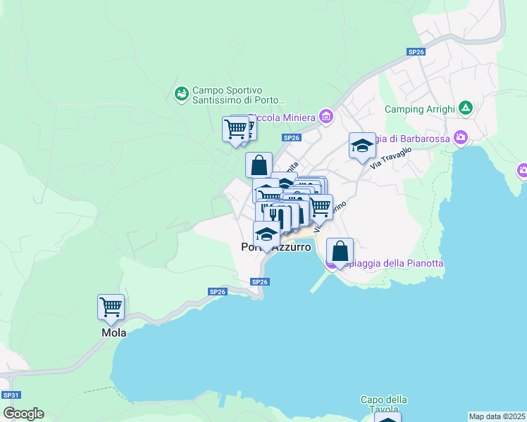 map of restaurants, bars, coffee shops, grocery stores, and more near 32 Viale Italia in Porto Azzurro