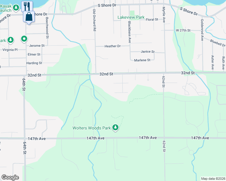 map of restaurants, bars, coffee shops, grocery stores, and more near 6315 Woodcliff Street in Holland