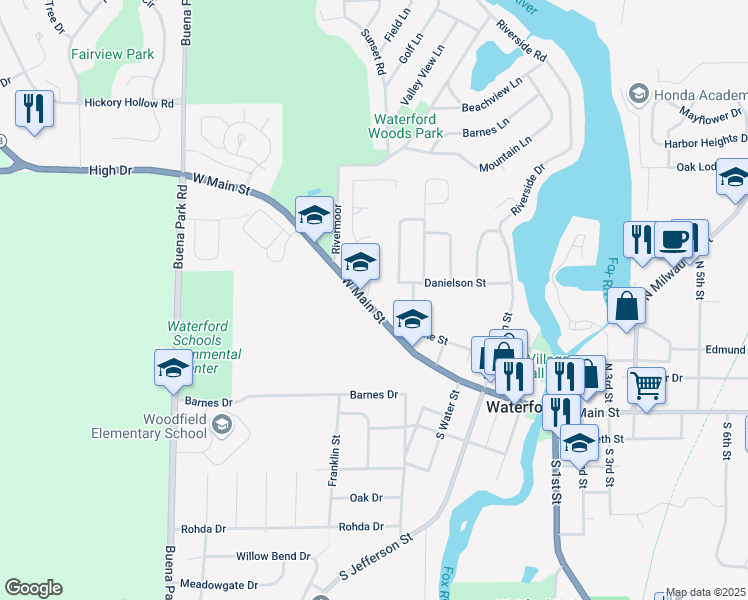 map of restaurants, bars, coffee shops, grocery stores, and more near 622 West Main Street in Waterford
