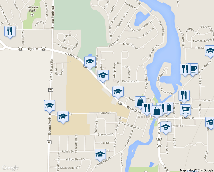 map of restaurants, bars, coffee shops, grocery stores, and more near 622 W Main St in Waterford