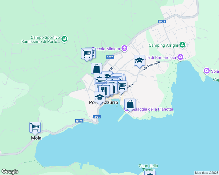 map of restaurants, bars, coffee shops, grocery stores, and more near 28 Via Guglielmo Marconi in Porto Azzurro