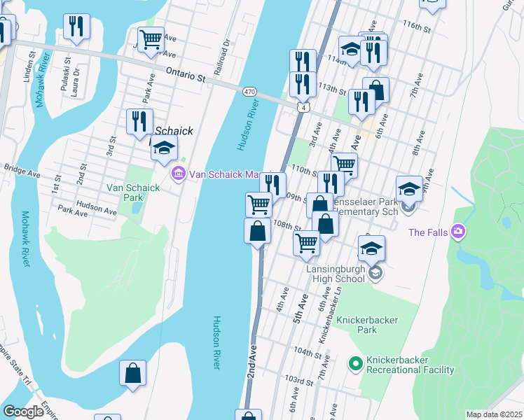 map of restaurants, bars, coffee shops, grocery stores, and more near 349 2nd Avenue in Troy