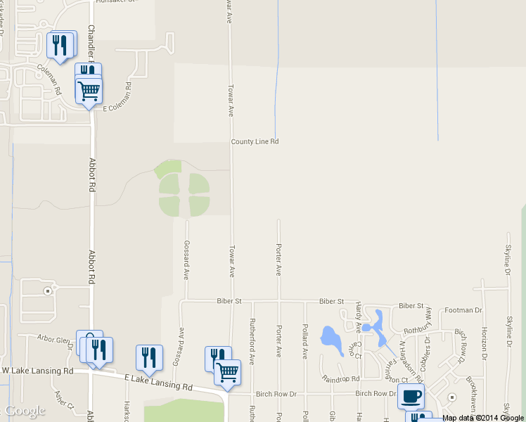 map of restaurants, bars, coffee shops, grocery stores, and more near 6381 Porter Ave in East Lansing