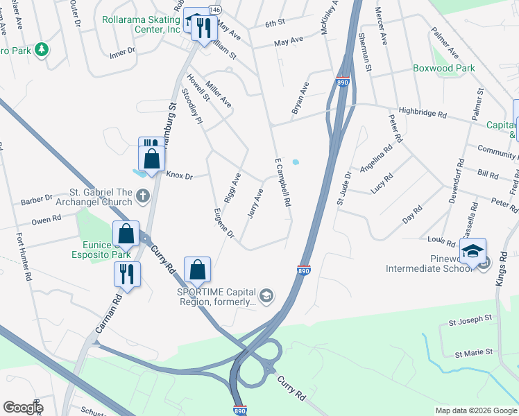 map of restaurants, bars, coffee shops, grocery stores, and more near 1130 Jerry Avenue in Schenectady