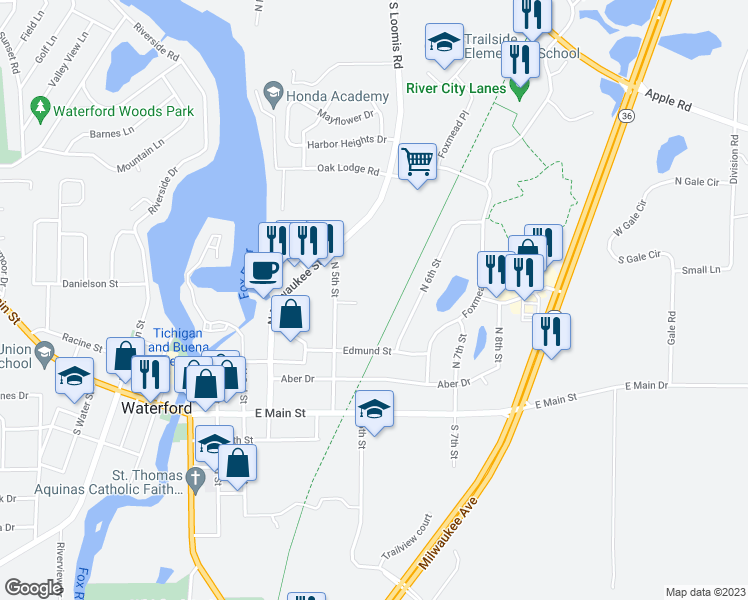 map of restaurants, bars, coffee shops, grocery stores, and more near 307 Meadowview Court in Waterford