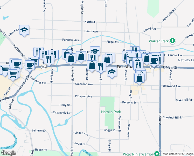map of restaurants, bars, coffee shops, grocery stores, and more near 53 South Grove Street in East Aurora