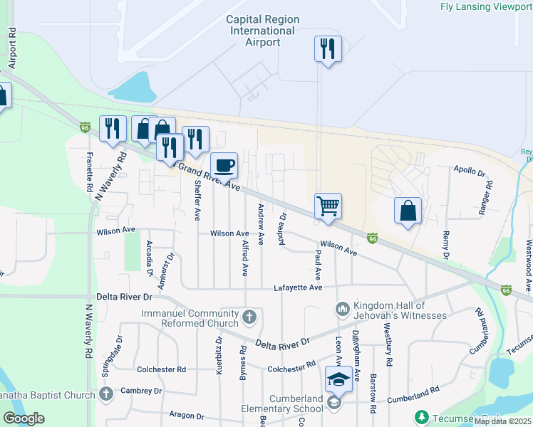 map of restaurants, bars, coffee shops, grocery stores, and more near 3226 Andrew Avenue in Lansing