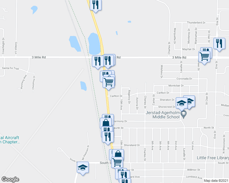 map of restaurants, bars, coffee shops, grocery stores, and more near 1624 Carlton Drive in Racine