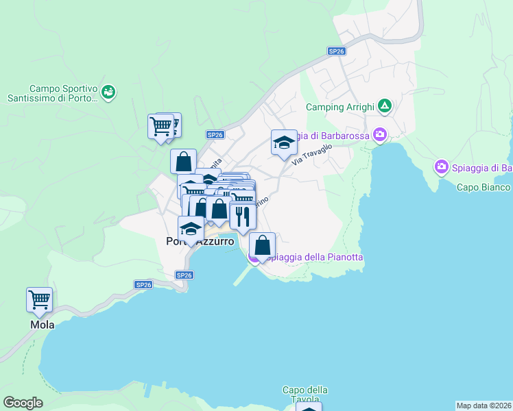 map of restaurants, bars, coffee shops, grocery stores, and more near 36 Via Solferino in Porto Azzurro