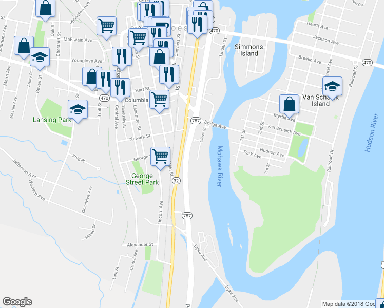 map of restaurants, bars, coffee shops, grocery stores, and more near 2 Oliver Street in Cohoes