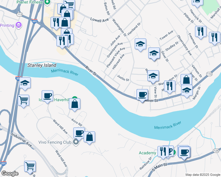 map of restaurants, bars, coffee shops, grocery stores, and more near 696 River Street in Haverhill