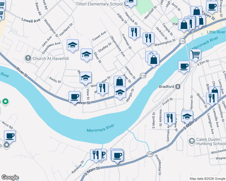 map of restaurants, bars, coffee shops, grocery stores, and more near 57 Beach Street in Haverhill