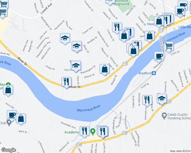 map of restaurants, bars, coffee shops, grocery stores, and more near 150 Wilson Street in Haverhill