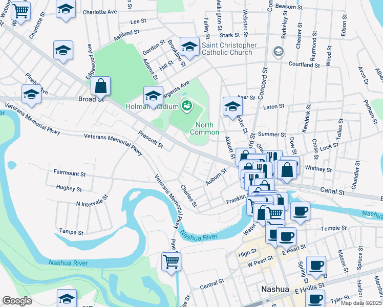 map of restaurants, bars, coffee shops, grocery stores, and more near 38 Amherst Street in Nashua