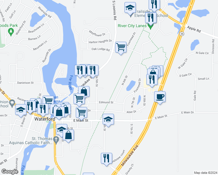 map of restaurants, bars, coffee shops, grocery stores, and more near 307 Meadowview Court in Waterford
