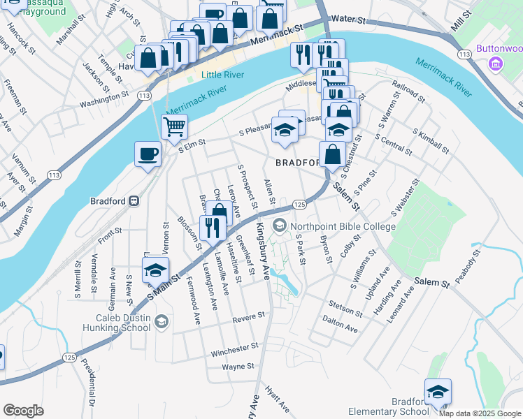 map of restaurants, bars, coffee shops, grocery stores, and more near 333 Massachusetts 125 in Haverhill