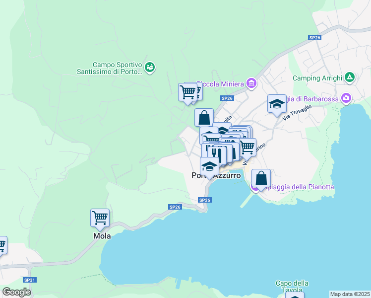 map of restaurants, bars, coffee shops, grocery stores, and more near 23 Via Neghelli in Porto Azzurro