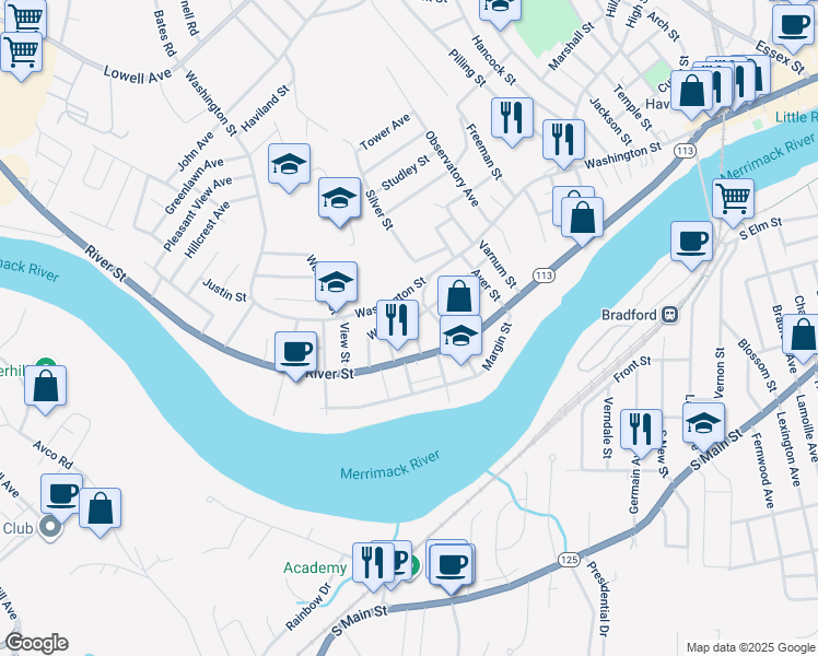 map of restaurants, bars, coffee shops, grocery stores, and more near 150 Wilson Street in Haverhill