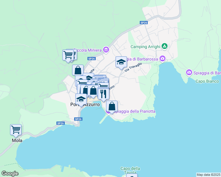 map of restaurants, bars, coffee shops, grocery stores, and more near 36 Via Solferino in Porto Azzurro
