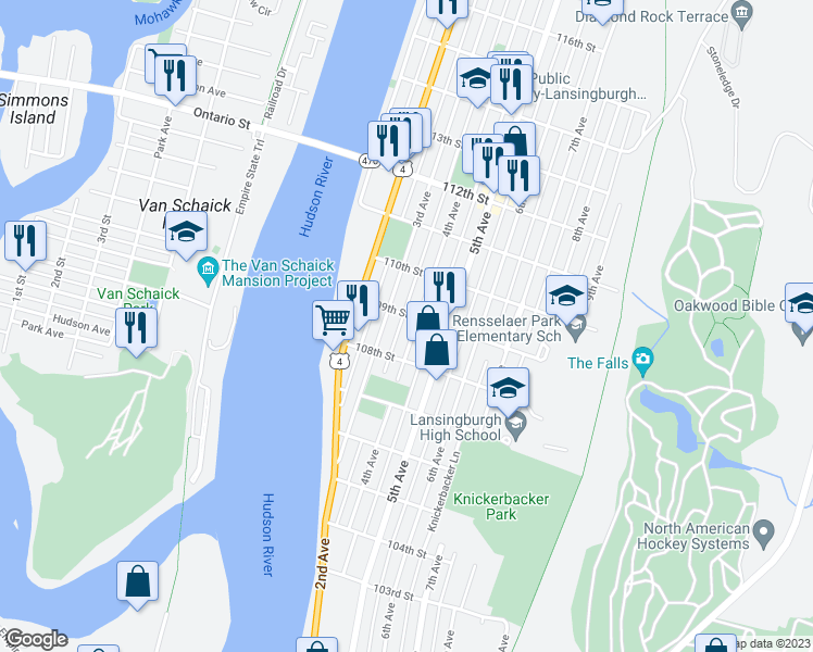 map of restaurants, bars, coffee shops, grocery stores, and more near 369 4th Avenue in Troy