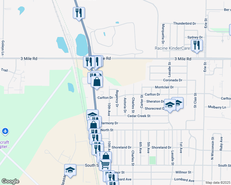 map of restaurants, bars, coffee shops, grocery stores, and more near 3716 Regency Drive in Racine